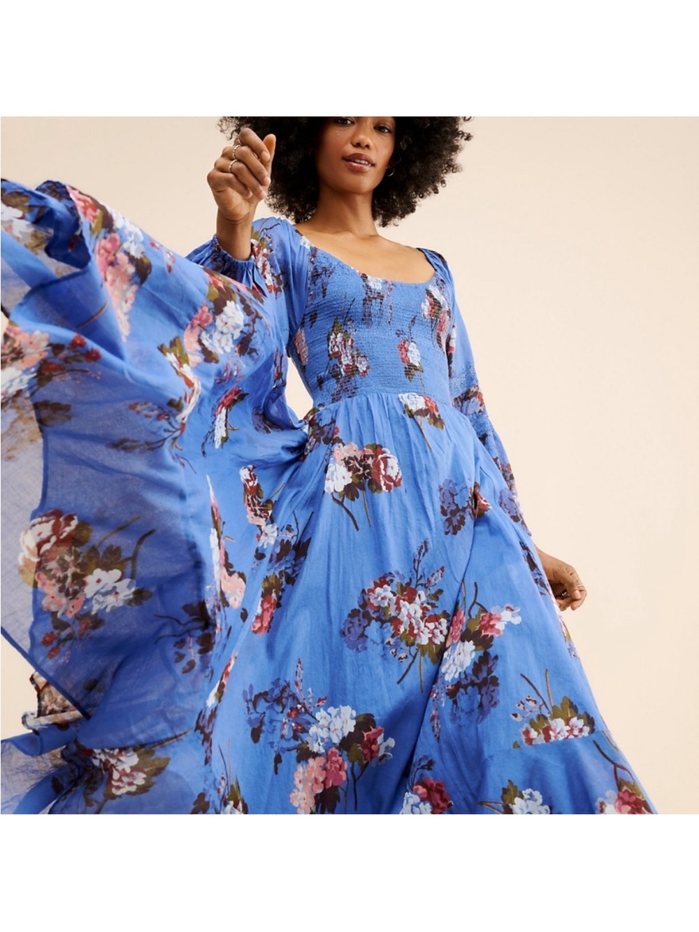 Free People FP Morning Glory Long Sleeve Smocked Maxi Dress Floral Blue Small